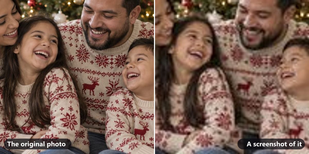 The same photo side by side: the original is sharp and detailed, the screenshot of it is soft and blurry