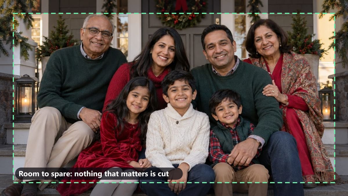 A family sitting on a porch with plenty of space above and around them, and a dashed trim line that passes only through background