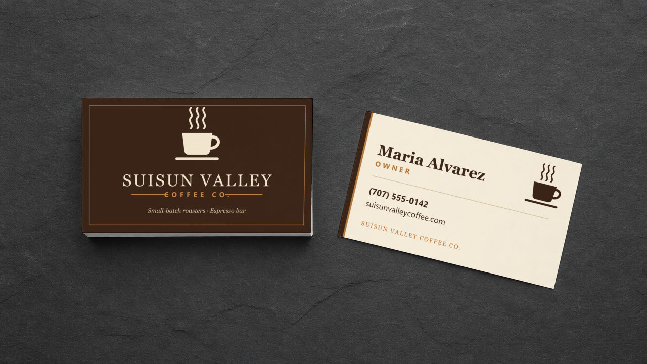 Business cards: 2 x 3.5 in, 16pt card stock, matte, full color both sides