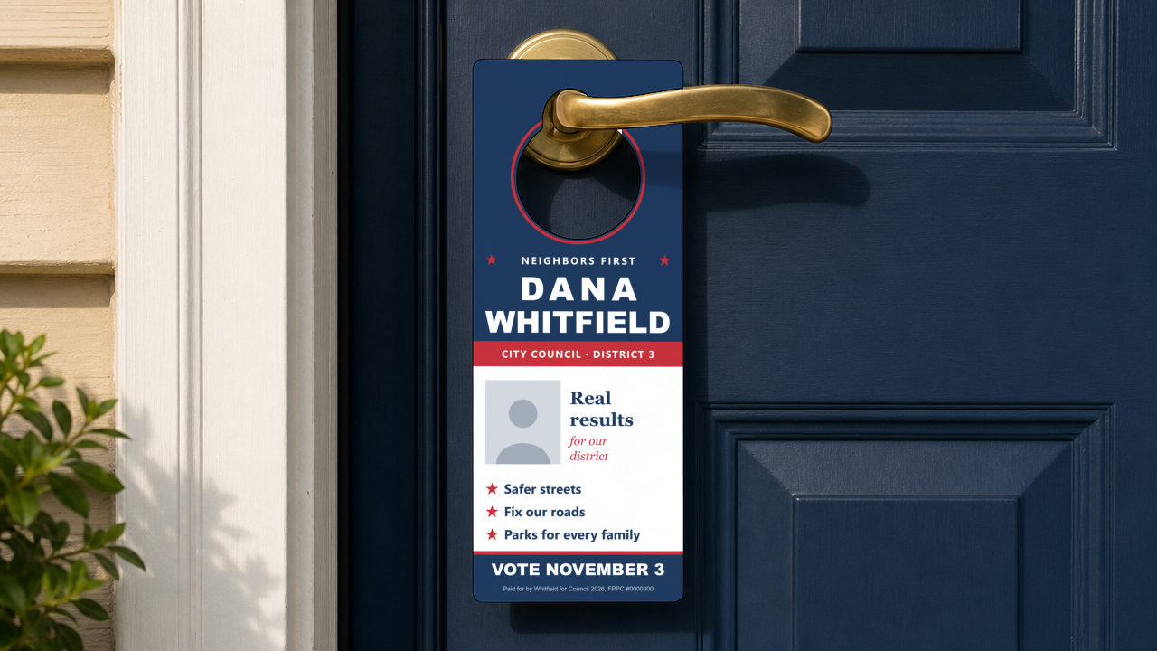 Door hangers: 4.25 x 11 in, 16pt card stock, aqueous coated, full color both sides, standard die cut