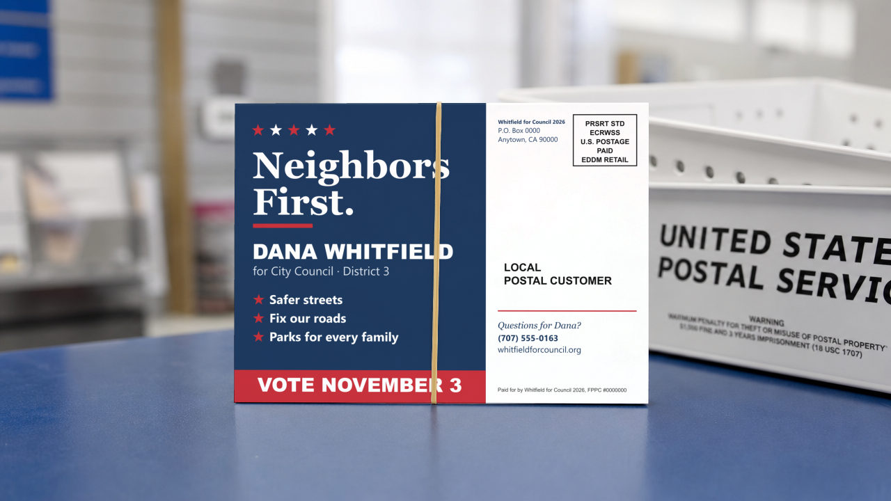 Every Door Direct Mail: 6.5 x 9 in, 16pt card stock, full color both sides, printed to USPS EDDM specification