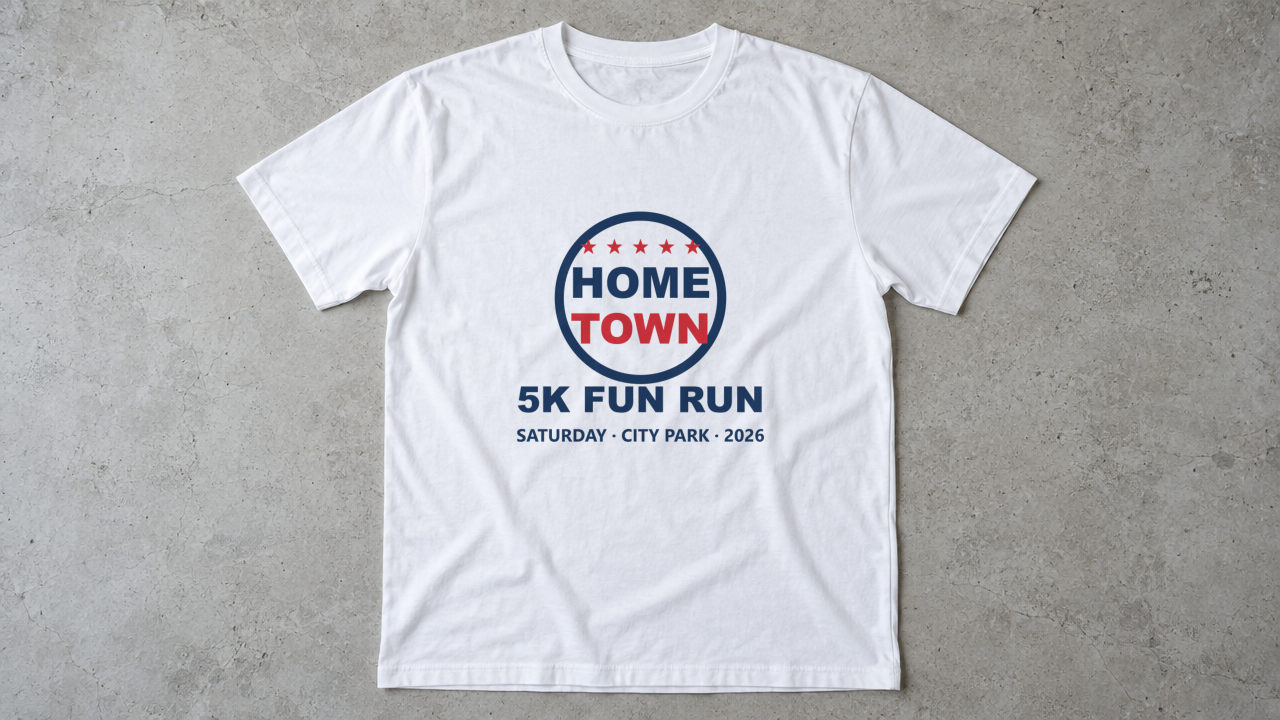 Custom T-shirts: Polyester performance tees, white or light colors, full-color sublimation, front print up to 13 x 19 in
