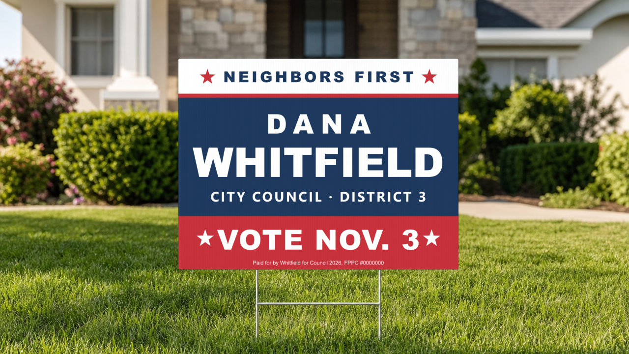 Yard signs: 18 x 24 in, 4mm corrugated plastic, full color both sides, wire H-stake included